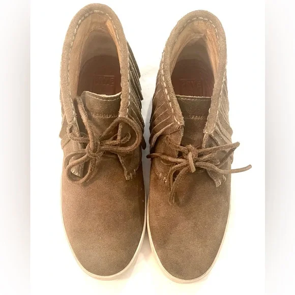 Frye Grayish Taupe Suede Fringe High-Top Boots - Picture 2 of 15